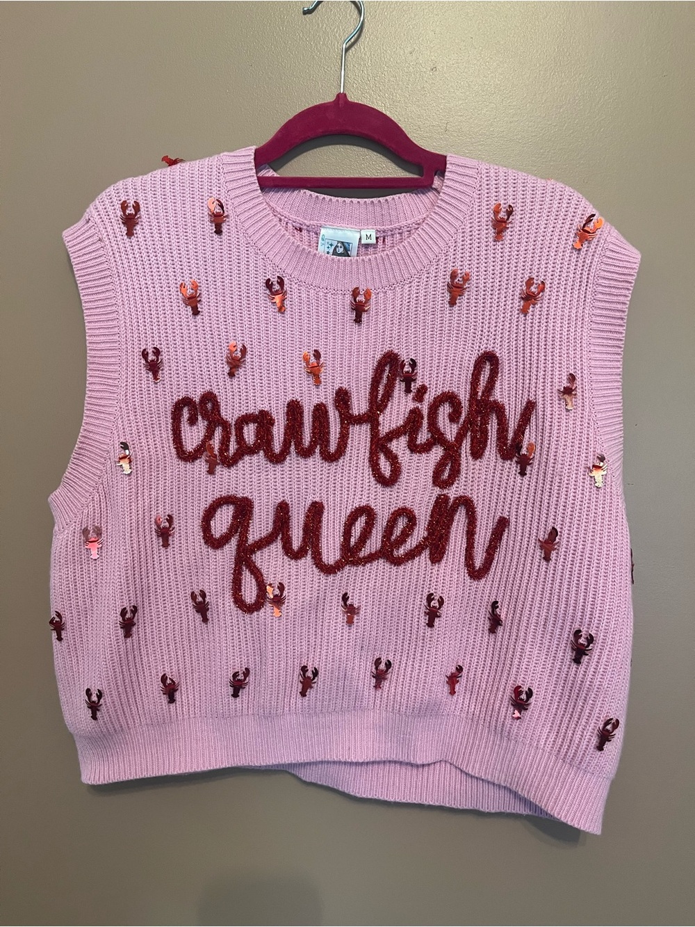 QUEEN OF SPARKLES Pink Knit V-Neck Sweater Vest “ Crawfish Queen”